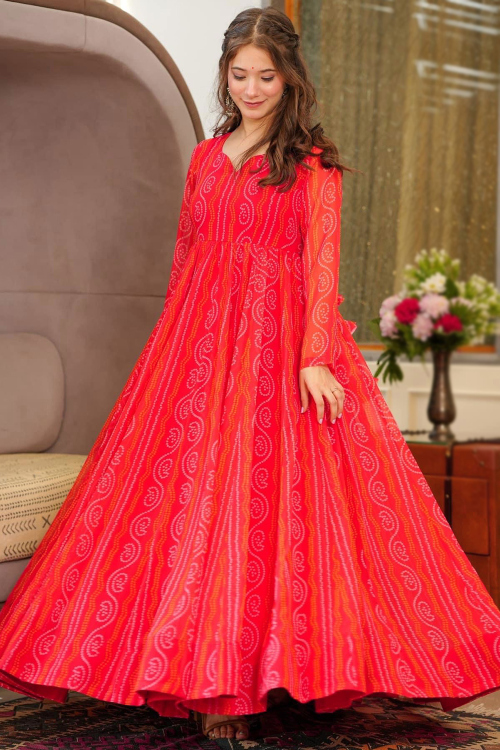 Ruby Red Georgette Bandhej Print Ready to Wear Gown