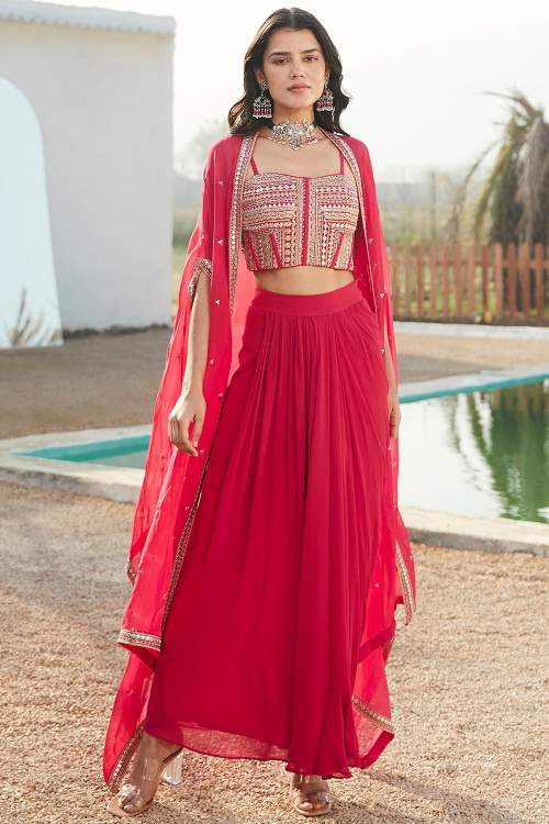 Ruby Red Georgette Dhoti Style Lehenga with Zari Work for Party