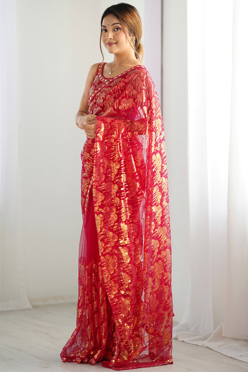 Ruby Red Net Embroidered Light Weight Saree 