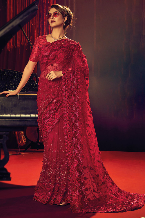 Ruby Red Net Embroidered Saree