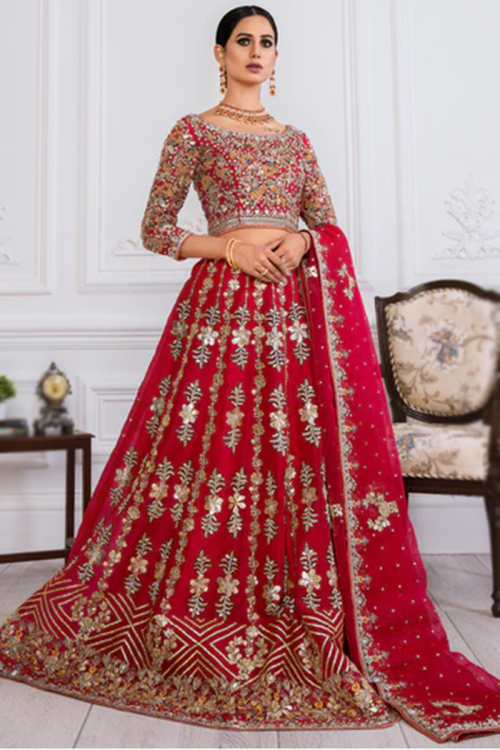 Ruby Red Organza Embroidered Bridal Wear Lehenga