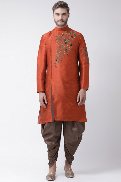 Rust Orange Dupion Silk Men Kurta With Dhoti