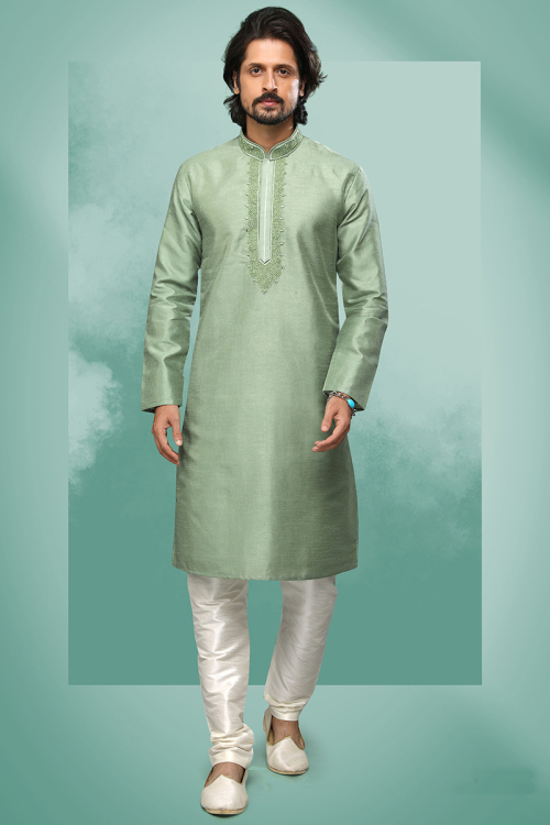 Sage Green Art Silk Resham Embroidered Men Kurta Churidar