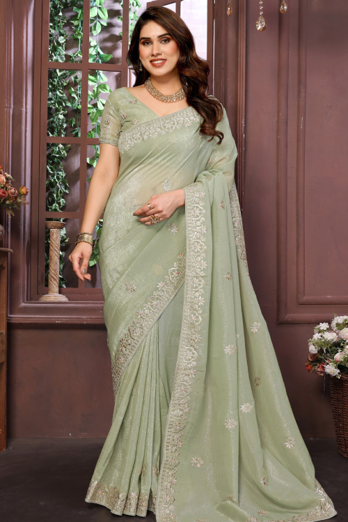 Sage Green Chiffon Saree With Zari Work For Festive