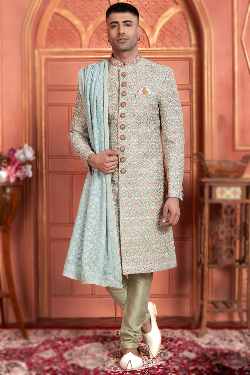 Sage Green Cotton Silk Embroidered Straight Cut Men's Sherwani