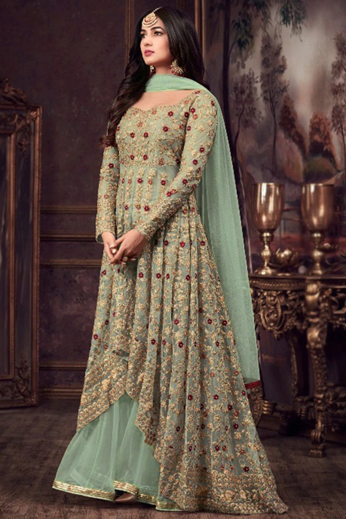 Sage Green Embroidered Net High And Low Anarkali Suit