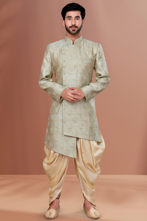 Jacquard Sage Green Weaved Thread Work Men Sherwani for Party 
