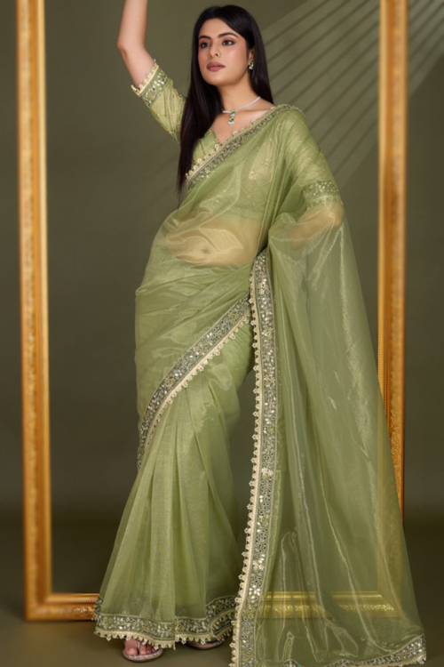 Sage Green Lace Embroidered Tissue Saree For Mehndi 
