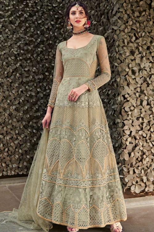 Sage Green Net Indian Anarkali Suit with Stone Embroidery for Party