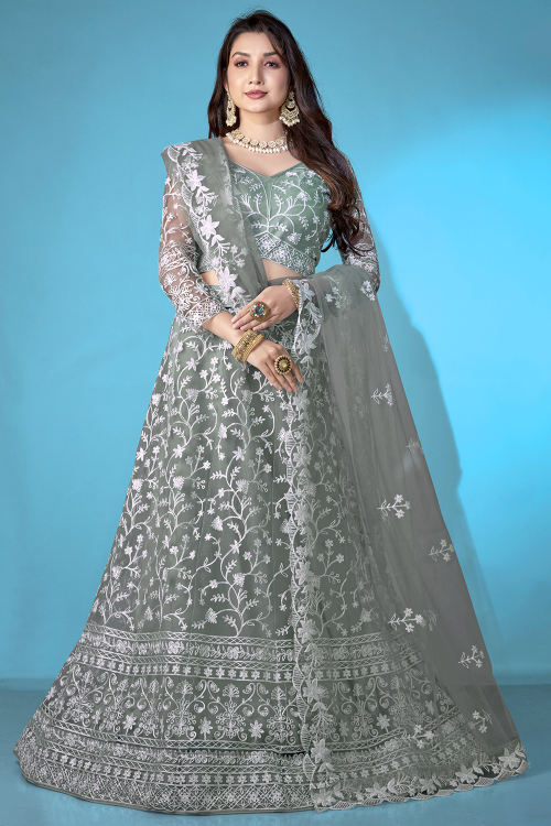 Sage Green Net Embroidered Panelled Style Lehenga
