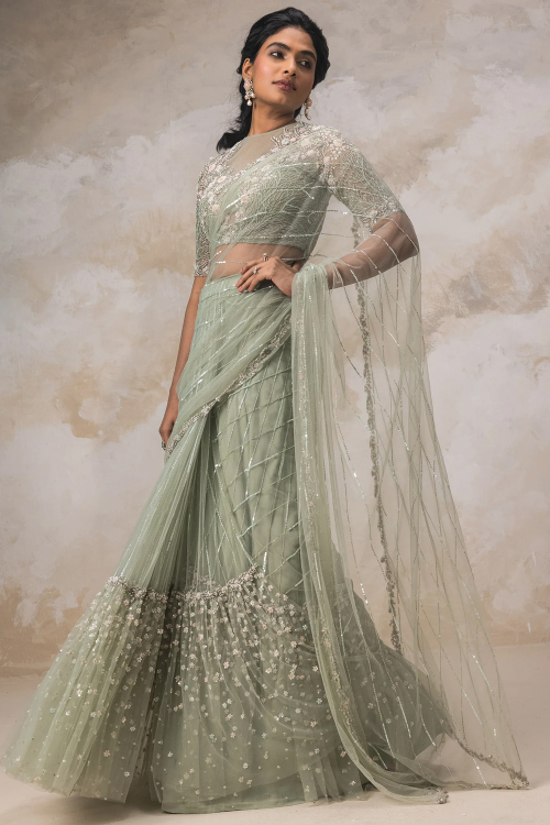 Sage Green Net Sequins Embroidered Fancy Wedding Saree