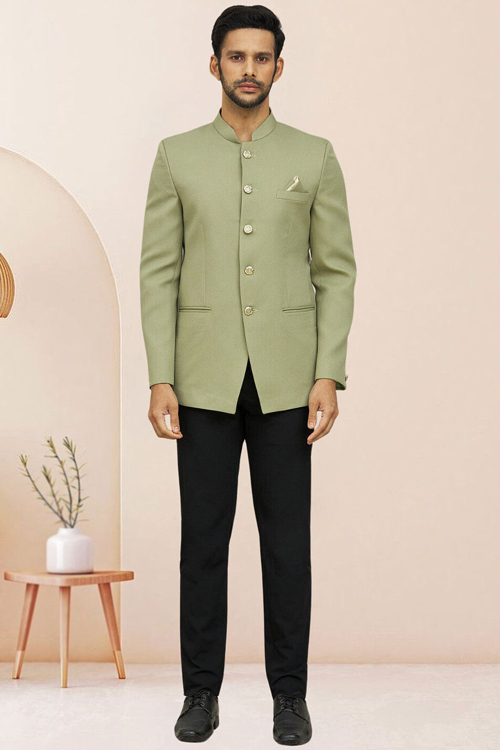 Sage Green Plain Rayon Jodhpuri Style Men's Coat Pant