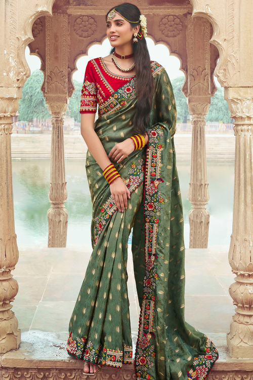 Sage Green Silk Blend Saree with Zari Work For Diwali