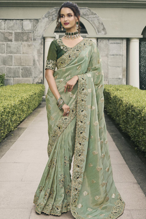 Sage Green Silk Embroidered Light Weight Saree 