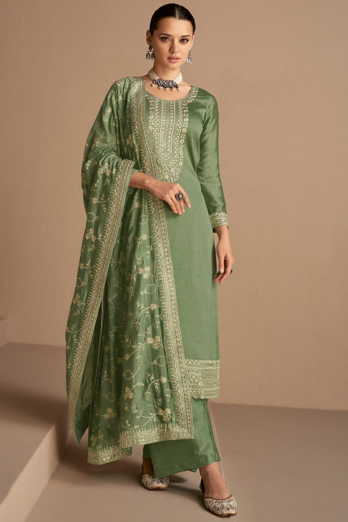 Sage Green Silk Embroidered Palazzo Suit for Wedding & Party