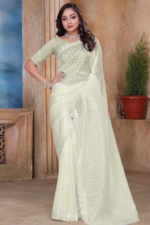 Sage Green Tissue Shimmer Saree With Sequins Work