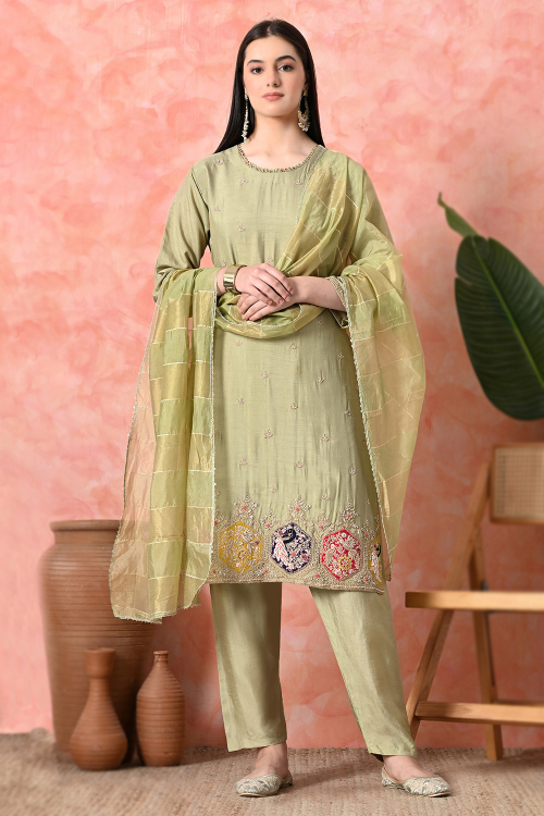 Sage Green Viscose Trouser Suit With Sequins Work For Mehndi