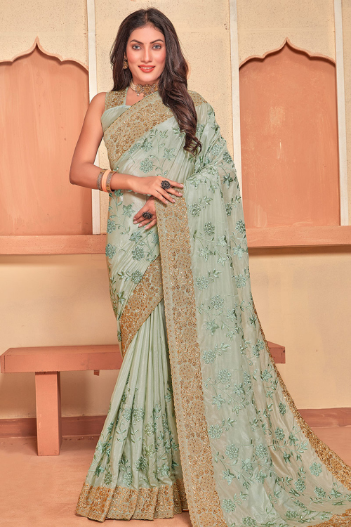 Sage Green Zari Embroidered Crepe Silk Saree For Mehndi 