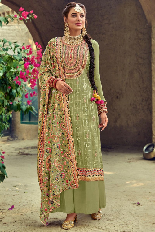 Moss Green Georgette Embroidered Wedding Sharara Salwar Suit