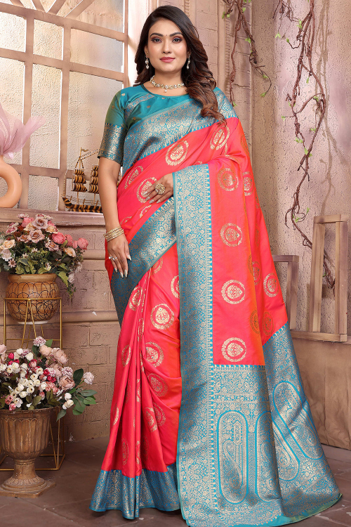 Salmon Orange Art Silk Weaved Broad Border Saree