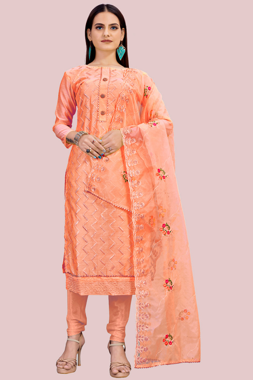 Salmon Orange Chanderi Straight Cut Churidar Suit