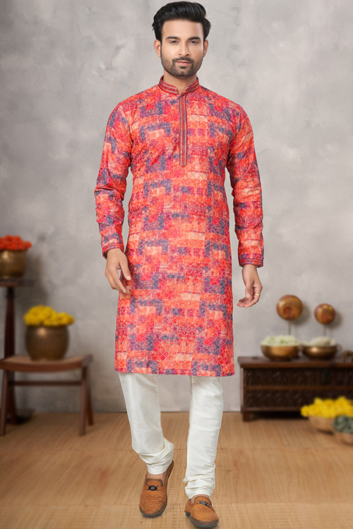 Salmon Orange Cotton Embroidered Men's Kurta With Churidar 
