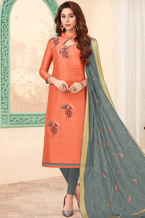 Salmon Orange Cotton Embroidered Trouser Suit