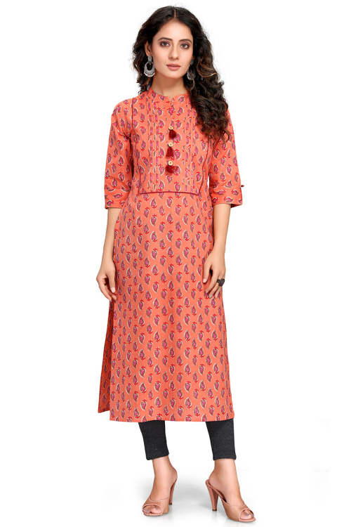 Salmon Orange Cotton Straight Cut Kurti 