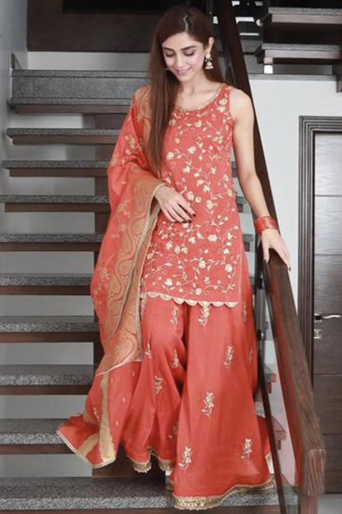 Salmon Orange Organza Embroidered Pakistani Sharara Suit for Wedding & Party