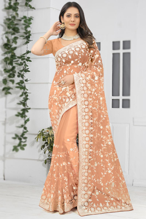 Salmon Orange Net Embroidered Saree