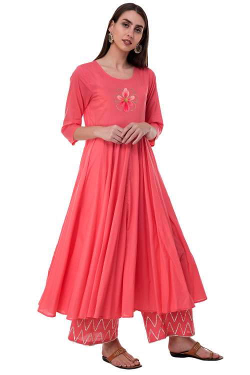 Salmon Orange Rayon Embroidered Anarkali Style Kurti