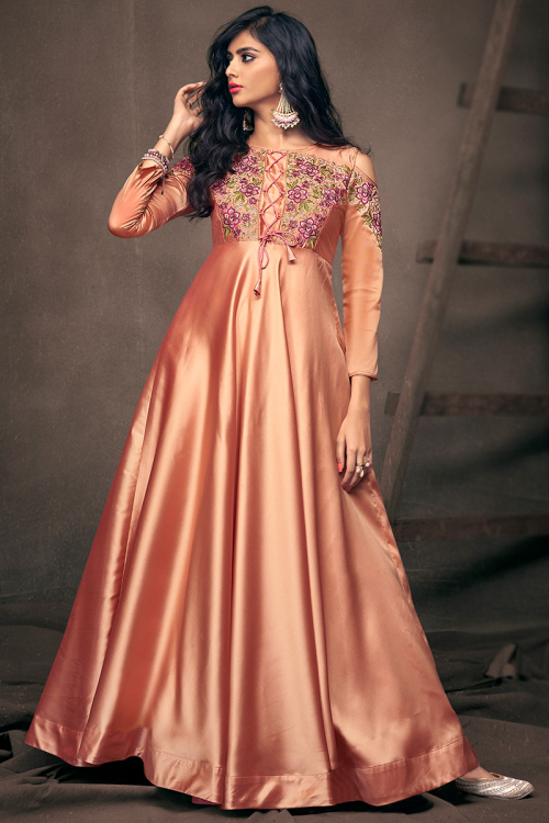 Salmon Orange Satin Anarkali with Churidar Gown