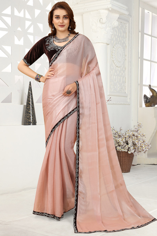 Chiffon Saree with Lace Work in Salmon Peach for Party 