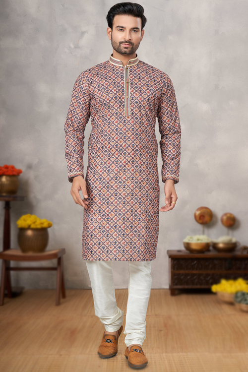 Salmon Peach Cotton Printed Men's Kurta With Churidar For Sangeet