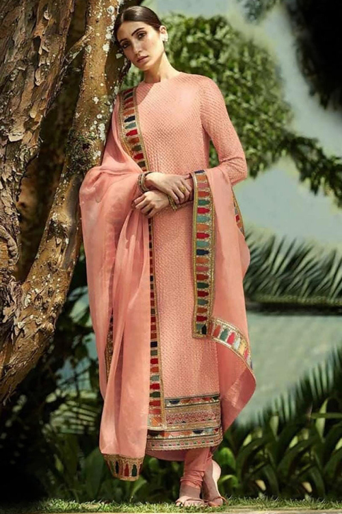 Salmon Peach Georgette Straight Cut Wedding Churidar Suit