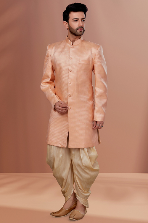Salmon Peach Jacquard Woven Zari Men's Sherwani