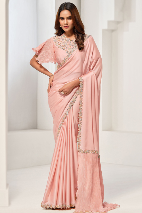 Salmon Peach Satin Dori Embroidered Light Weight Saree