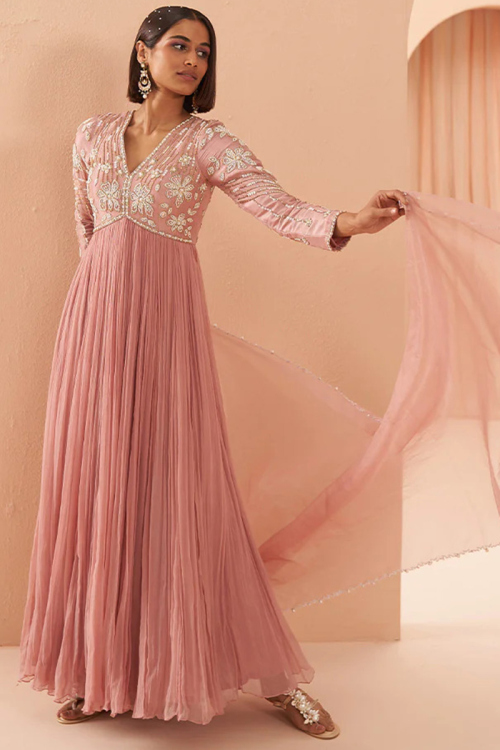 Salmon Peach Sequins Embroidered Chiffon Wedding Anarkali Gown