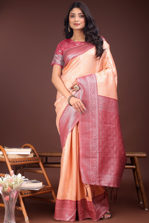 Salmon Peach Silk Blend Saree with Zari Work for Diwali