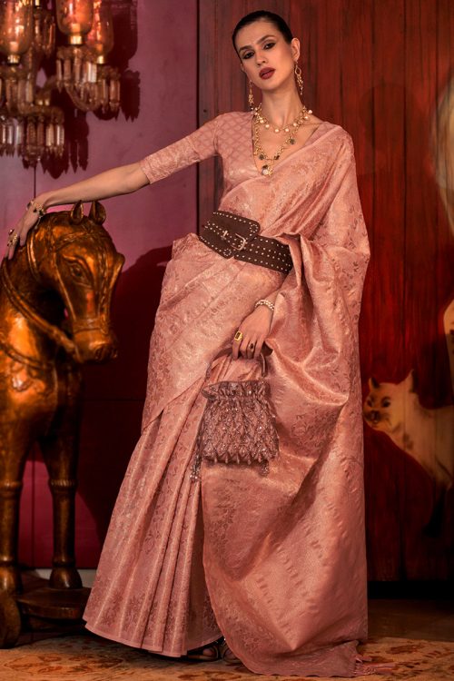 Salmon Peach Silk Woven Zari Banarasi Saree