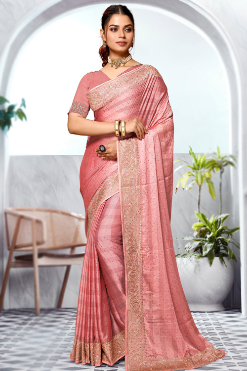 Salmon Pink Chiffon Zari Embroidered Shimmer Saree