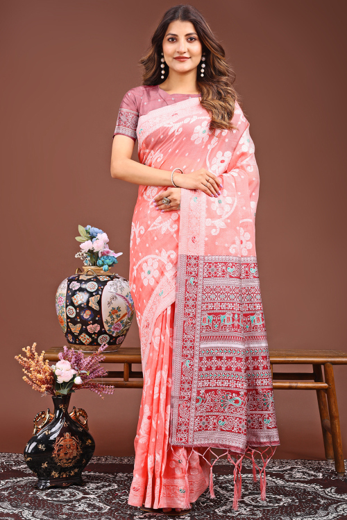 Salmon Pink Cotton Light Weight Weaved Saree
