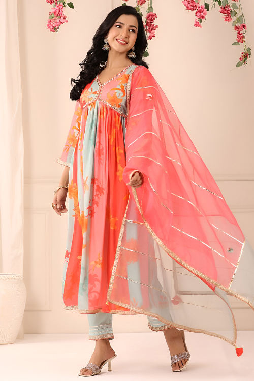 Salmon Pink Cotton Printed Trouser Suit