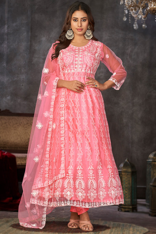 Salmon Pink Net Resham Embroidered Anarkali Suit