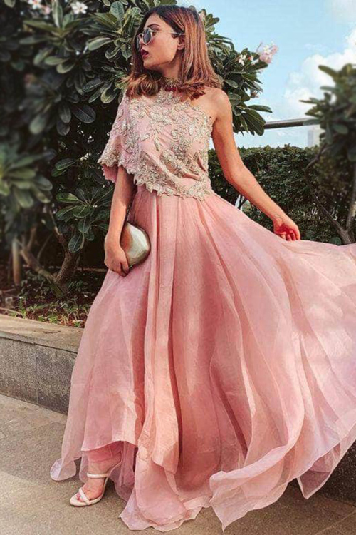 Salmon Pink Organza Embroidered Indo-Western Wedding Anarkali Suit