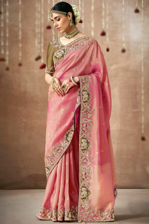 Salmon Pink Organza Embroidered Lightweight Saree 