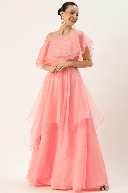 Salmon Pink Organza Gown with Sequins Work for Weddings