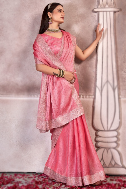 Salmon Pink Zari Embroidered Chiffon Shimmer Saree