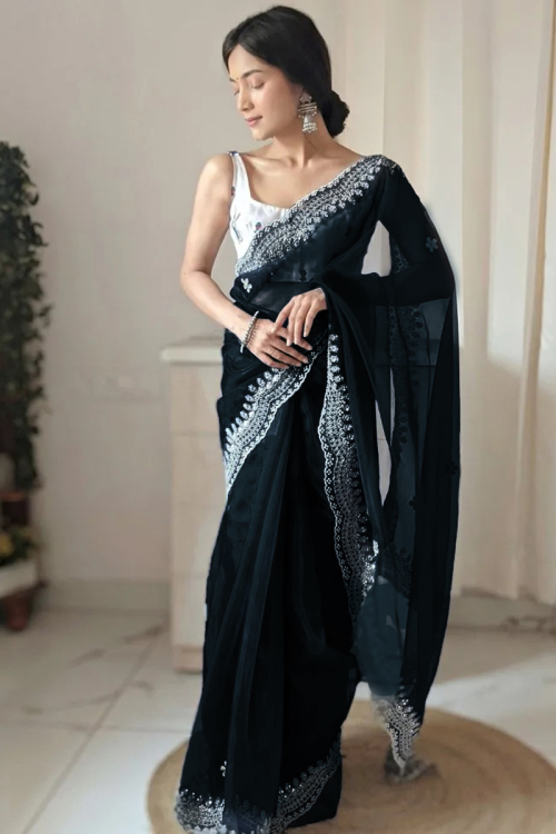 Silver Zari Embroidered Organza Black Saree