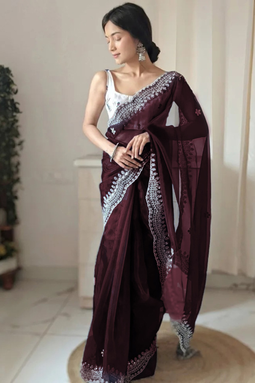 Silver Zari Embroidered Organza Dark Maroon Saree
